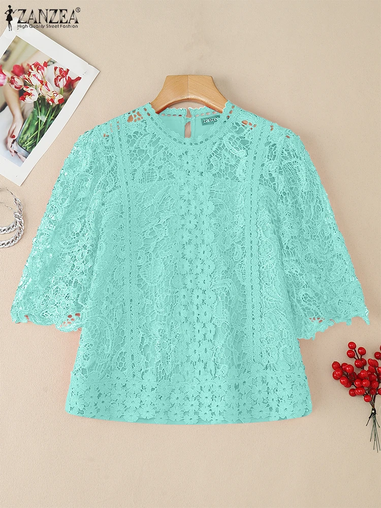

2025 ZANZEA Women Embroidered Blouse Summer Lace Patchwork Tops Fashion Short Sleeve Blusas Tunic Femme Elegant Hollow Out Shirt