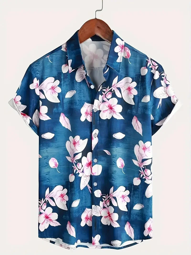 Men's Hawaiian Ukiyoe style floral print lapel shirt, button fly short sleeves, fashionable and chic, suitable for summer outdoo