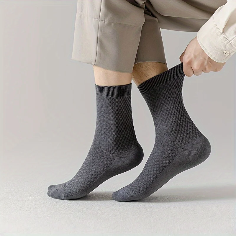 5 pairs of socks men\'s bamboo fiber men\'s socks double needle dark flower small square pattern odor resistant medium tube