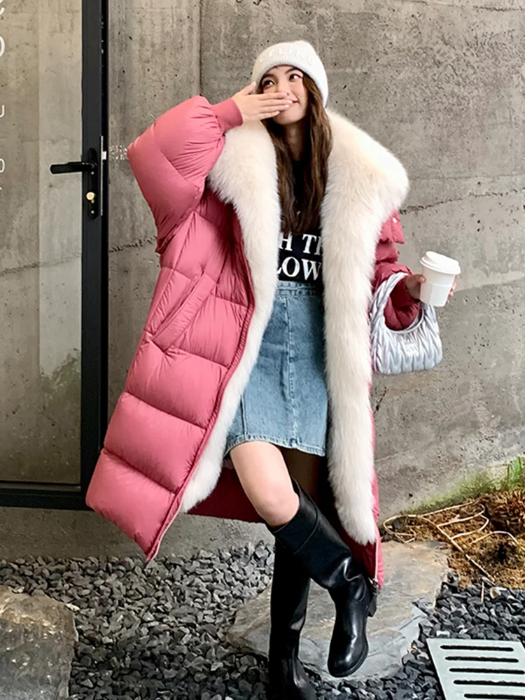 Women Puffer Jackets Natural Real Fox Fur Collar Thick Warm Long Goose Down Jackets Winter Coat Female Outwear