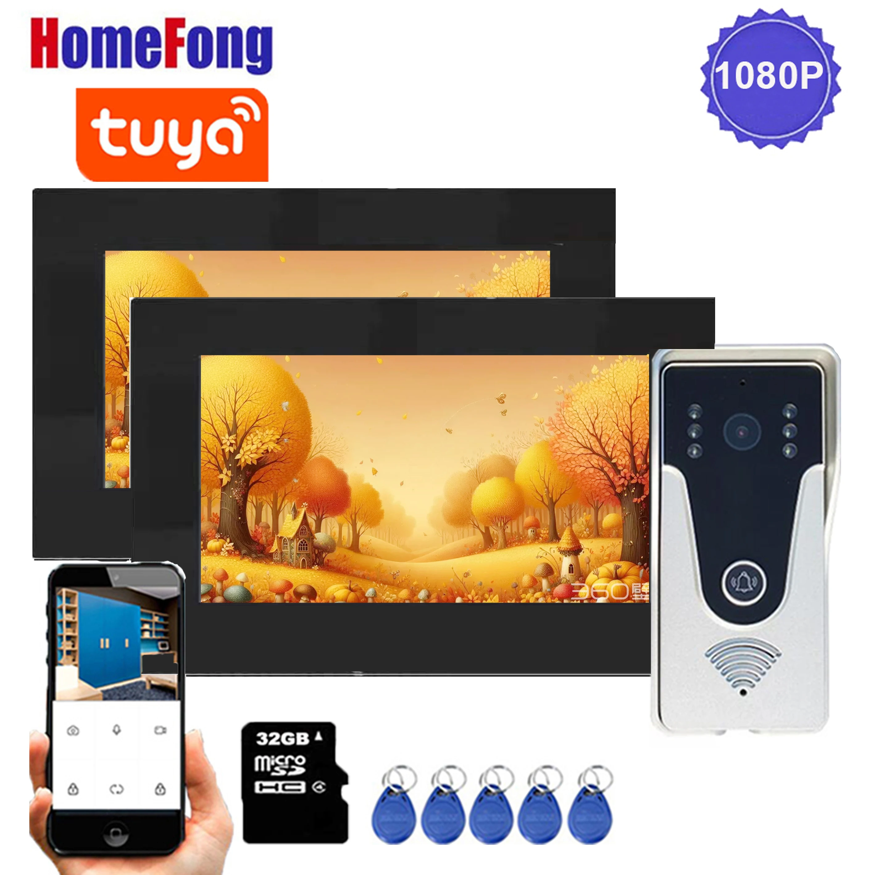 Homefong sistem interkom WiFI 7 inci, untuk Monitor rumah, panggilan, pintu Transfer, telepon, 1080P, bel pintu RFID, buka kunci pintu Tuya App Remote