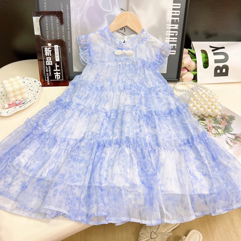 2025 Summer New Girls Dress Dreamy Blue Flying Sleeves Bow Decoration Princess Dress For 3-8 Years Kids Fashion Cake Skirt