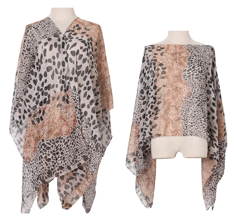 

Summer Women Sunscreen Shawl Leopard Print Imitation Silk Scarf Shawl Pearl Buckle Cloak Lady Poncho Capes Pink