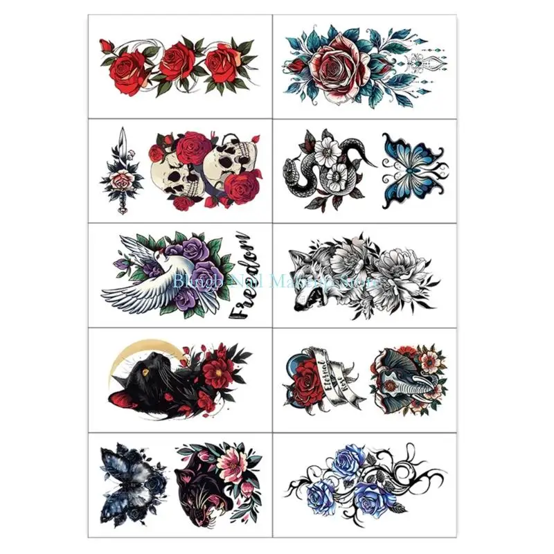 

28TA Gothic Temporary Tattooss Skin Art Decals 10Pieces Skin Safe Fake Body Decals Lasts 5Days Fake Sticker for Neck