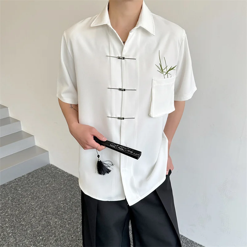 

SYUHGFA New Chinese Style Male Bamboo Embroidery Short Sleeeve Shirt 2024 Summer Fashion Men's Wear Casual Lapel Shirts