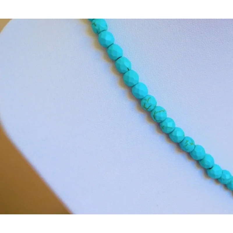 Hermoso collar clásico facetado azul turquesa 6 mm con cuentas de oro amarillo hecho a mano