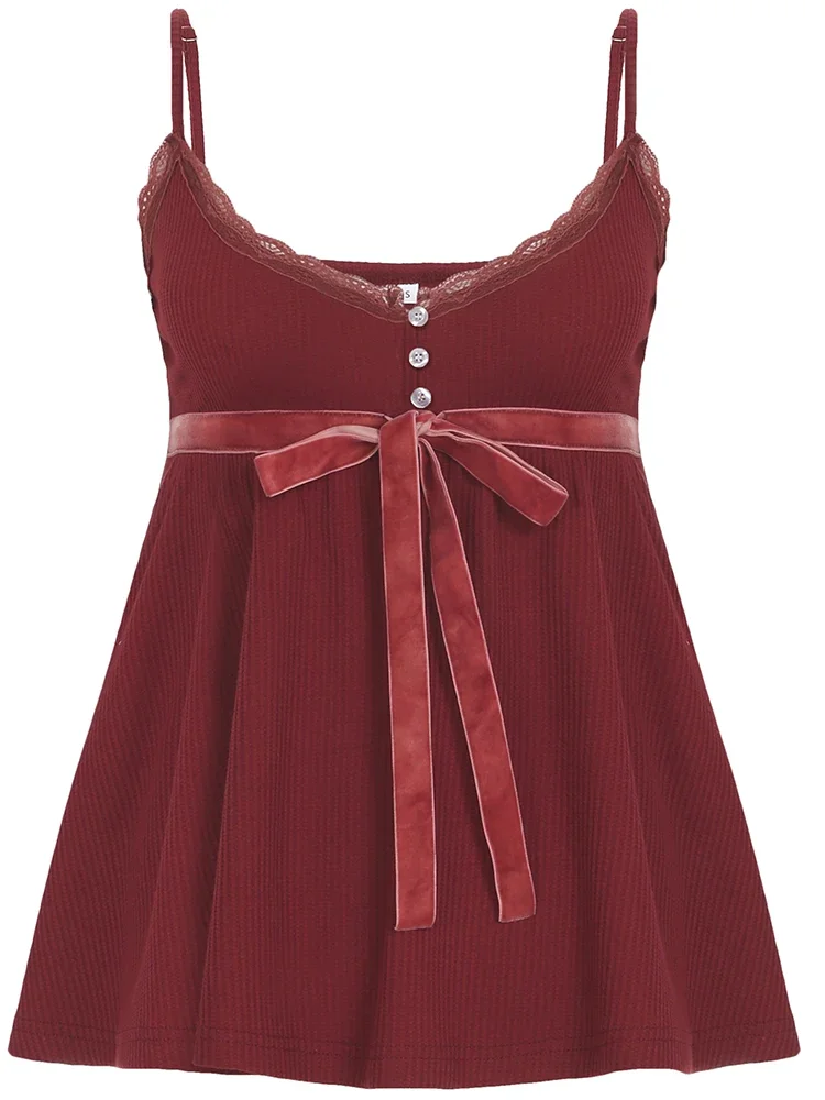 2025 Sweet Bow Lace Camisoles Vintage Harajuku Chic Backless Red Tops Y2K Aesthetic Sleeveless Buttons Women's Outfits