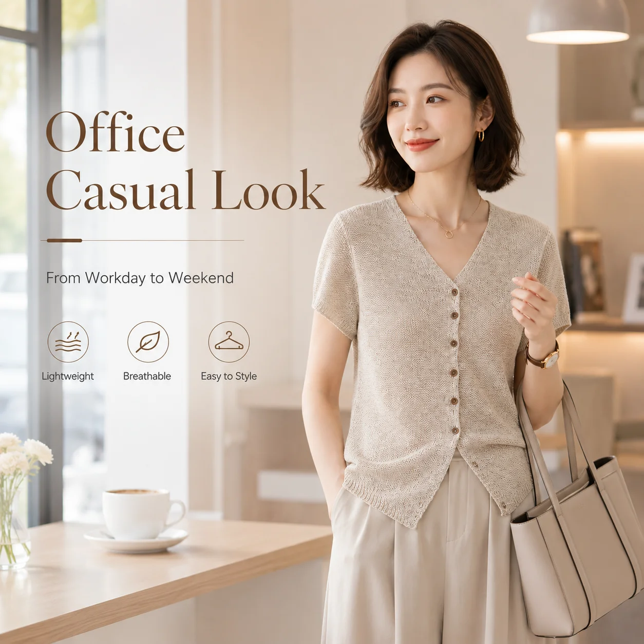 Women Oatmeal V Neck Knit Cardigan Top Short Sleeve Button Front Loose Summer Casual Blouse Elegant Office Tee
