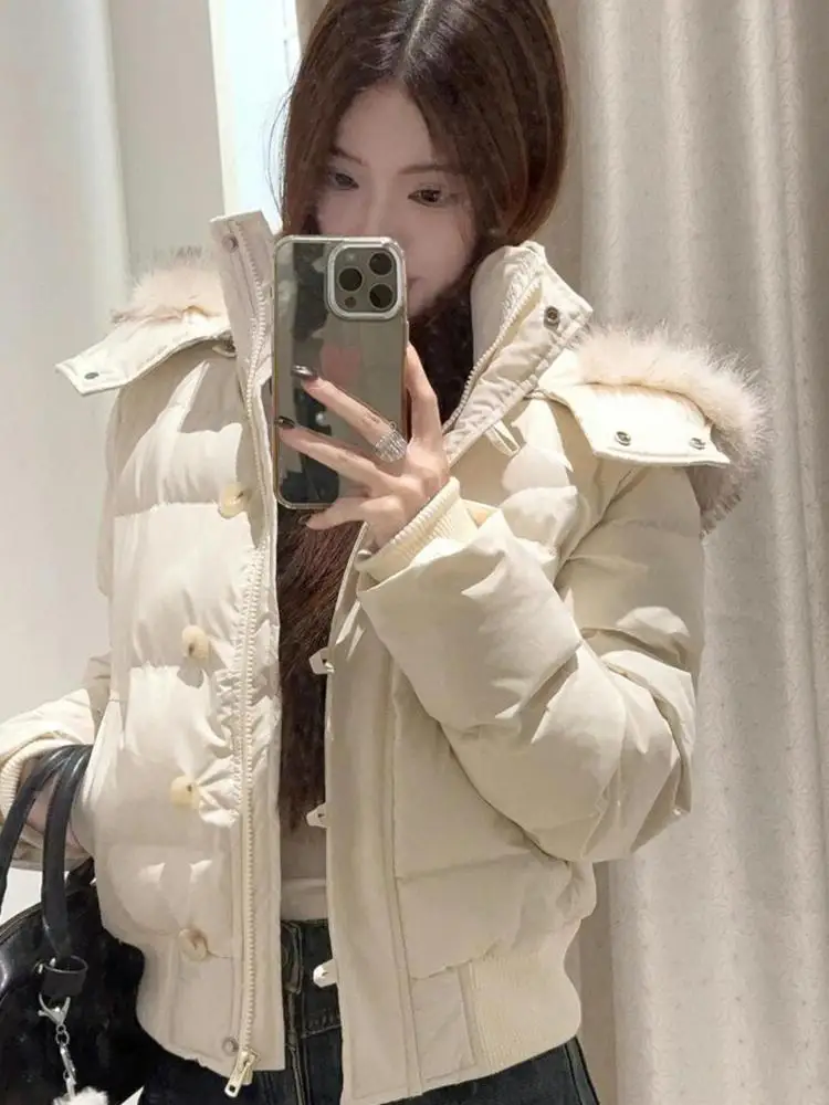 

Винтажная черно-белая толстая короткая пуховая хлопковая куртка женская мода синие элегантные однобортные свободные топы повседневная уличная одежда тренд