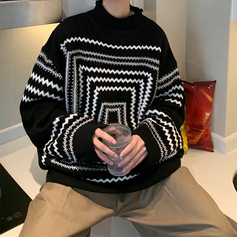 EBAIHUI Men's Geometric Printed Knitted Sweater American Retro Half High Collar Sweater Loose Casual Long Sleeve Male Pullovers