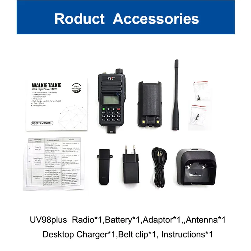 TYT TH-UV98plus Two Way Radio Dual Band VHF136-174MHz/ UHF400-520Mhz 10w High Power One-Key Frequency Copy IP68 Waterproof Radio