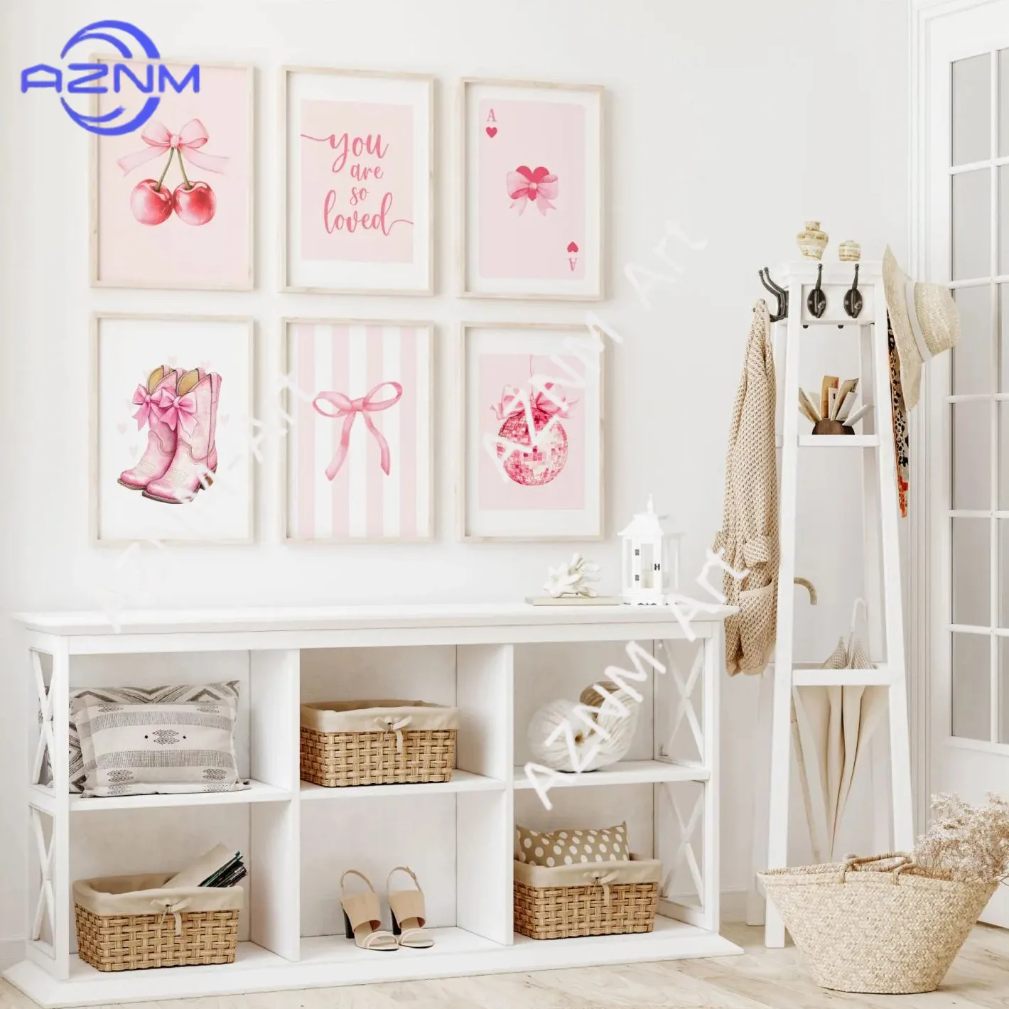 1PC/6PCS Pink bowknot cherry bedroom living room canvas decor painting frameless poster