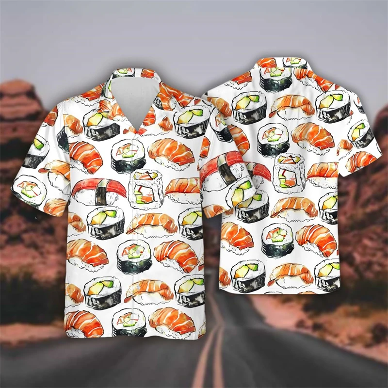 Delicious Sushi Shrimp Graphic Female Beach Shirts Hip Hop Hawaii Rice Balls Lapel Blouse Fast Food Bento Shirt For Men Tops