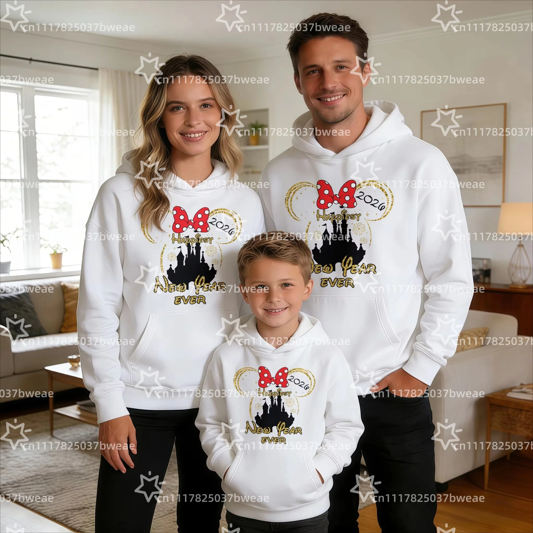 Family Matching Hoodies Happy New Year 2026 Cartoon Mouse Ear Castle Print Hooded Sweatshirt Mom Dad Kid Long Sleeve Pullover