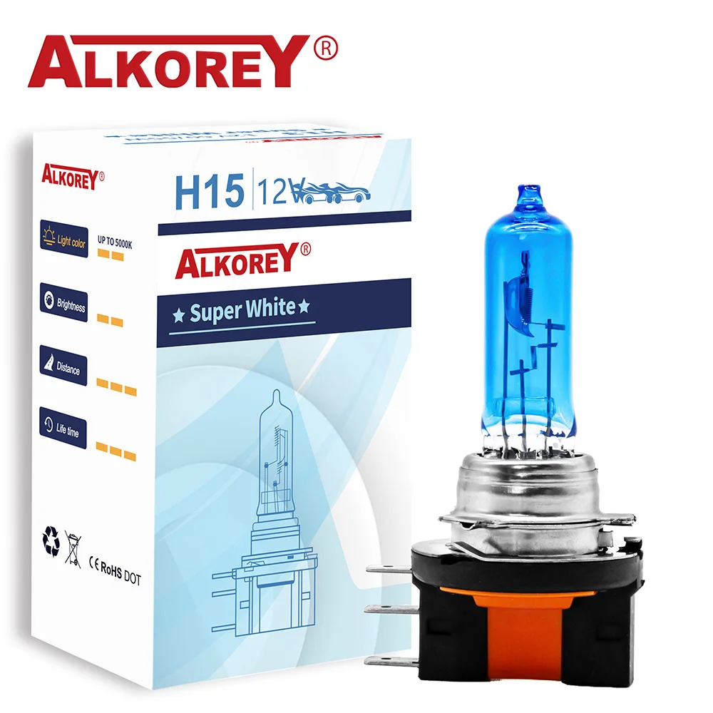 ALKOREY 2 Pcs H15 12V 15/55W Super White 5000K Car Lights Auto Headlight Bulbs Low Beam High Beam Halogen Lamps