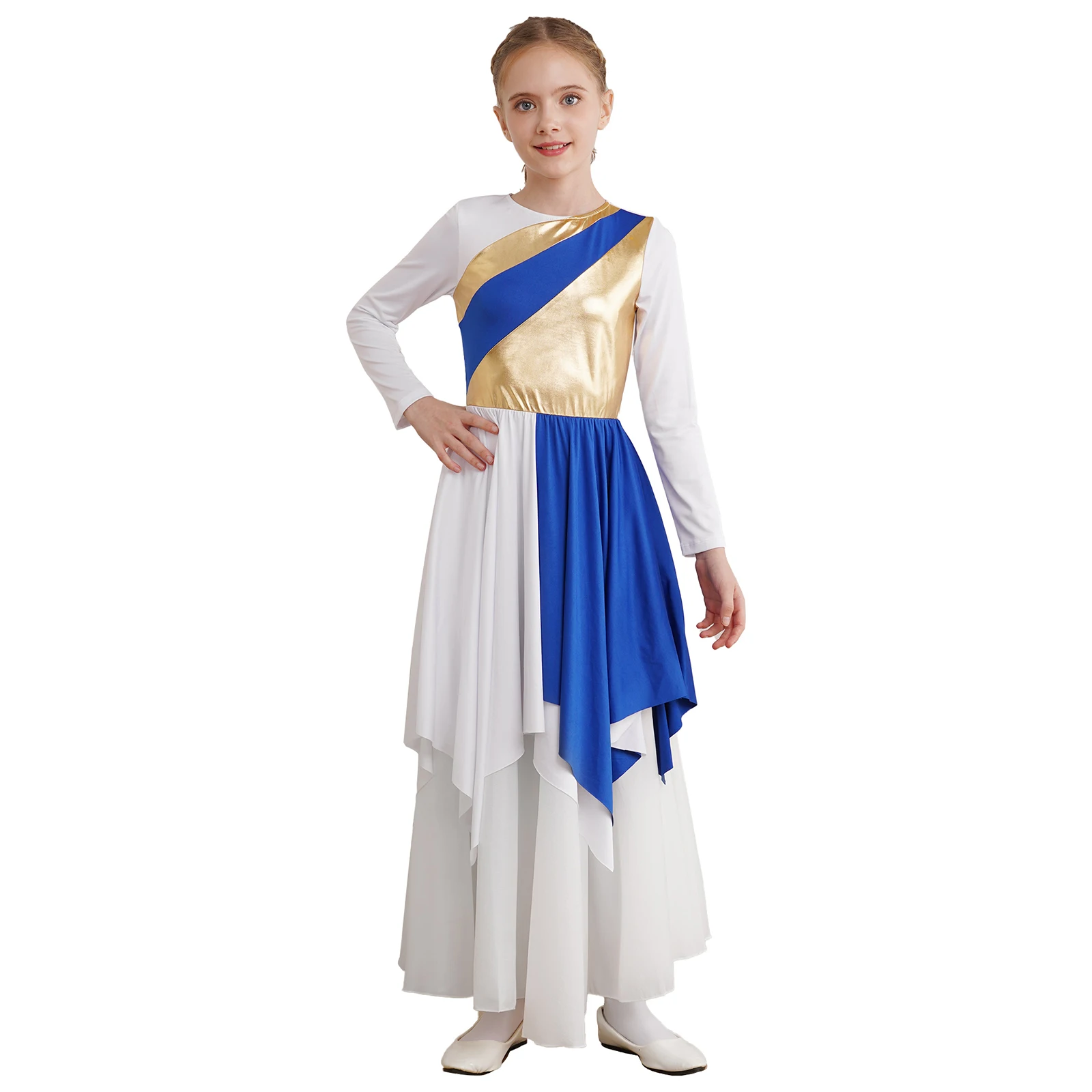 Long Sleeve Praise Dance Dress for Kids Girls Liturgical Worship Lyrical Dance Costumes Metallic Asymmetrical Church Robe Tunic