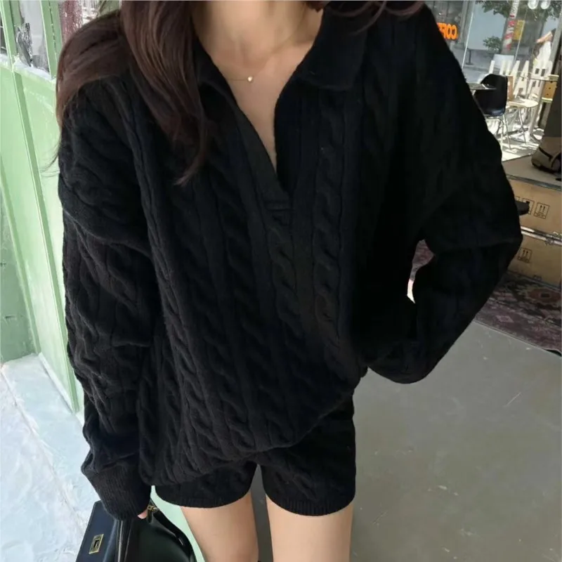 Korean Fashion Solid Two-piece Set Women V-neck Loose Pullover Sweater Top Shorts Casual Outfits Autumn New Suit Female Clothing