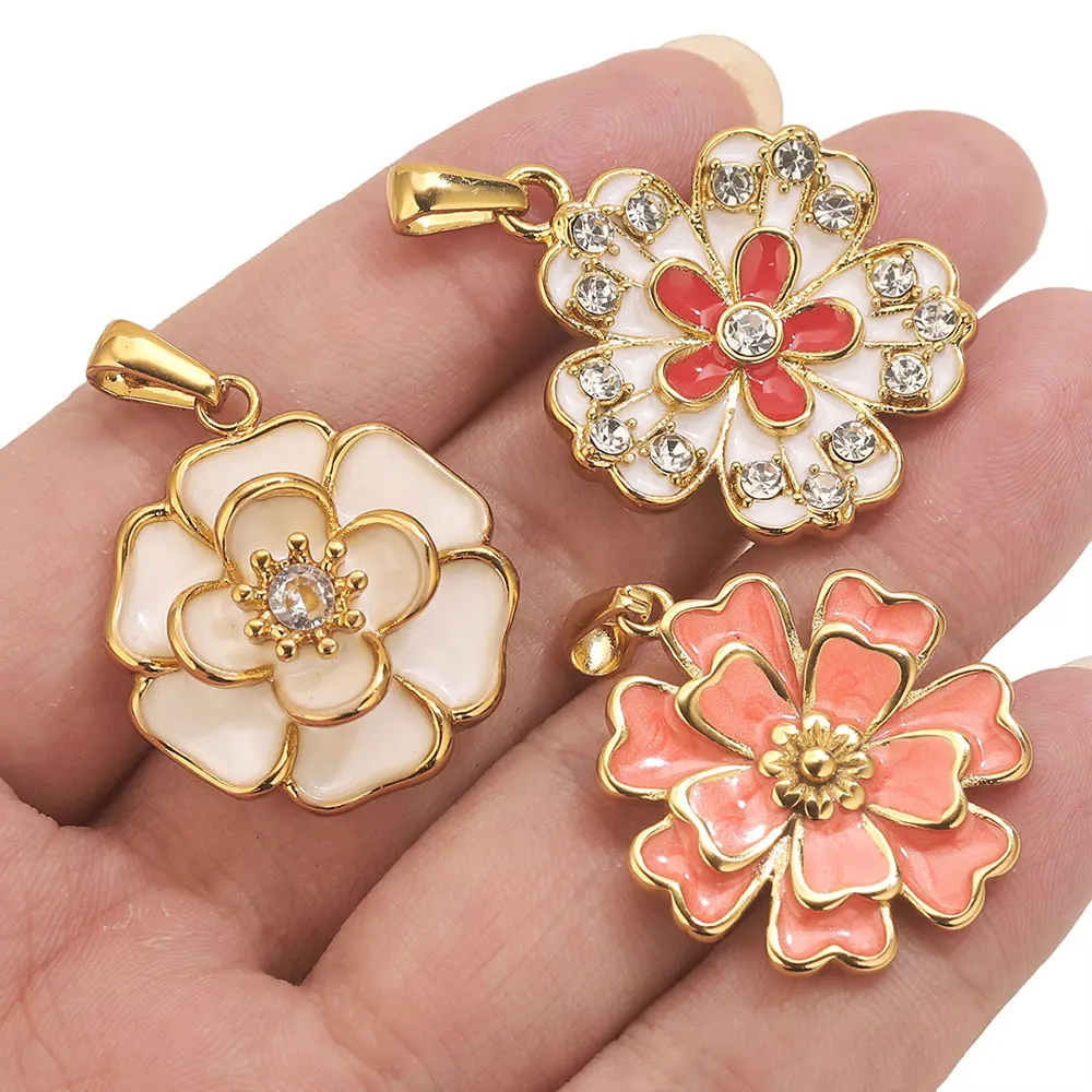 2PCS Stainless Steel Enamel Large Flower Charm for Jewelry Making Supplies Pendant Wholesale Bulk DIY Earring Necklace Materials