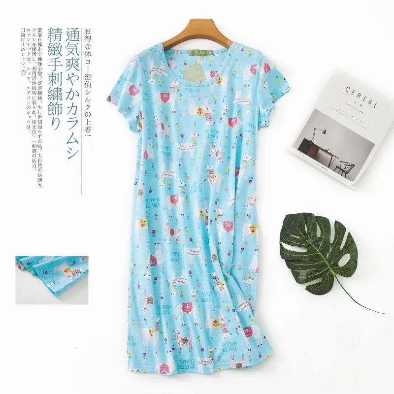 Summer Women Casual Cartoon Sleep Dress Cotton Loungewear Nightgown Female Short Sleeve Top Quality Loosen Plus Size Home Dress