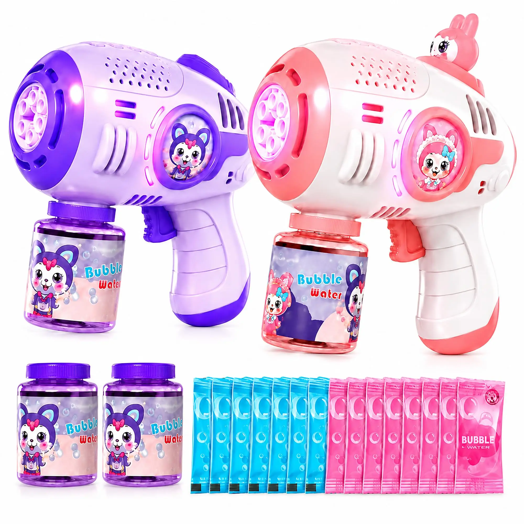 MQUDUO Light Up Bubble Gun Set, 2 Rechargeable Bubble Blasters with 4 Solution Bottles, 20 Refill Packs and USB Cable