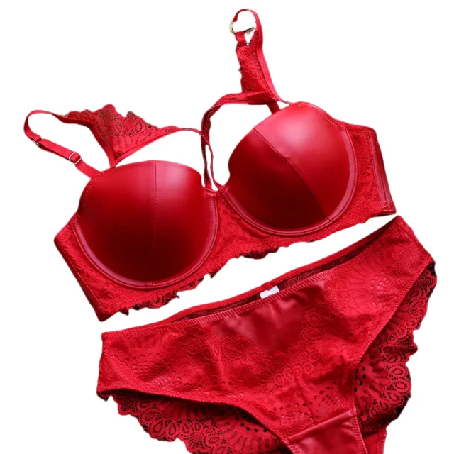 

KUCLUT American Leather Sexy Women Underwear Smooth Thin Thick Bra Set Red Black Push Up Lingerie Hollow Out C cup Intimates