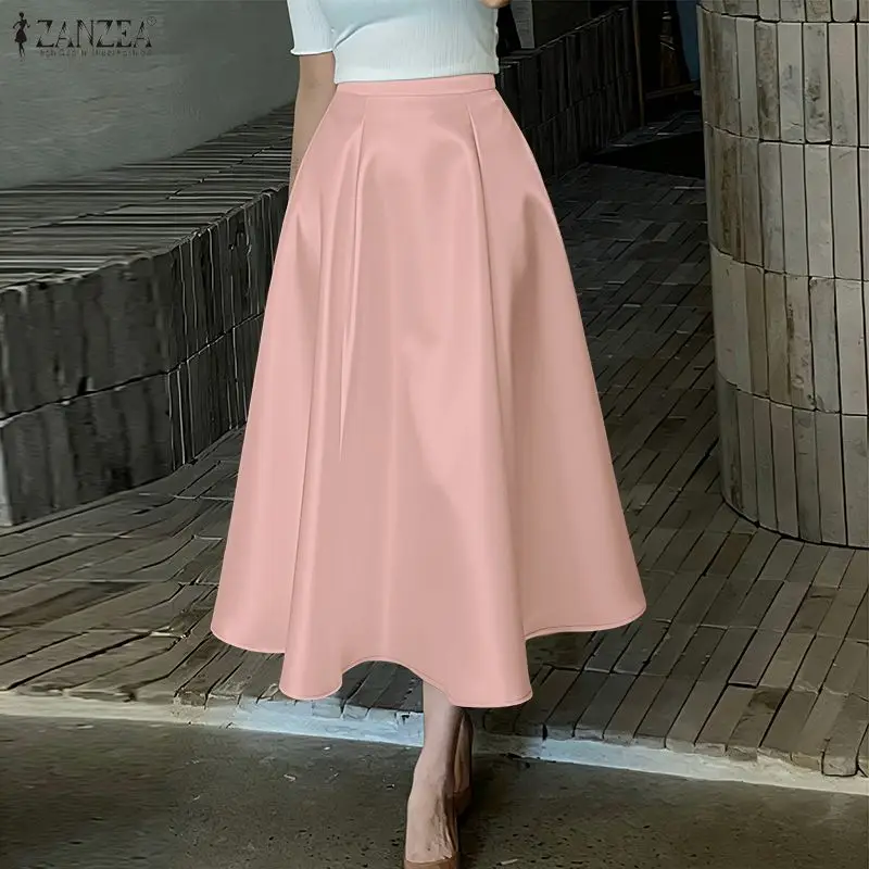 ZANZEA Elegant Satin A-Line Swing Midi Skirts for Woman High Waist Solid Color Evangelical Skirt with Back Zipper, Faldas Mujers