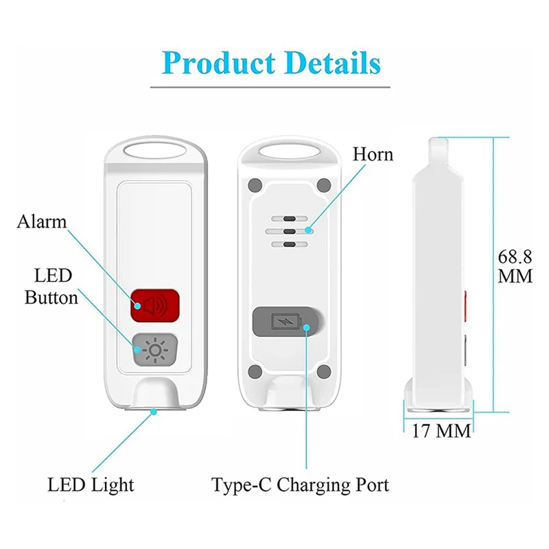 IDUD 3X إنذار شخصي، إنذار أمان للنساء مع ضوء SOS LED، صفارة الإنذار 130DB، جهاز صوت سلسلة مفاتيح مقاوم للماء للأطفال المسنين