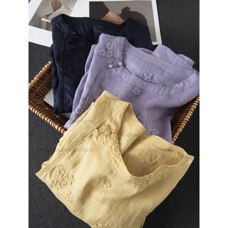 

Китайская традиция, одежда Тан с цветочной вышивкой, лето 20225, блузка со средним рукавом, тонкая рубашка Рами, свободная женская футболка ханьфу