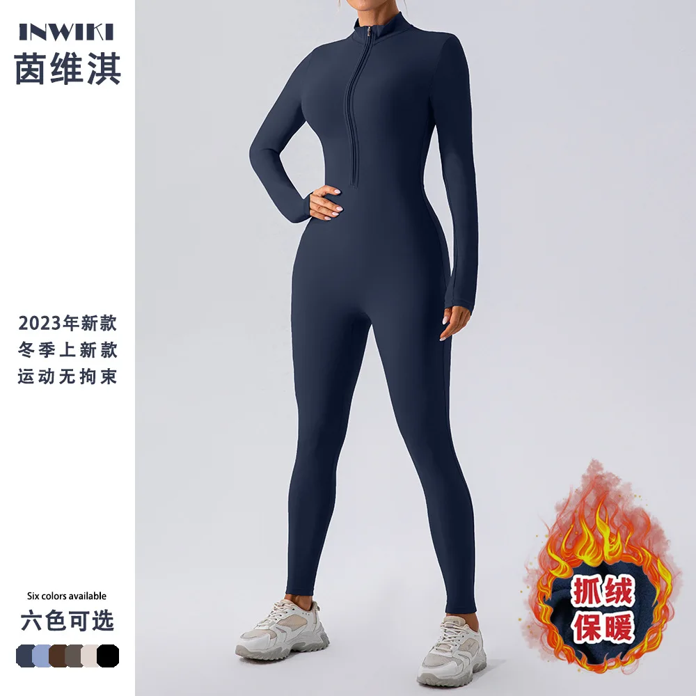 Warm Plush Sports Jumpsuits Women's Tracksuit One-Piece Fitness Suit Winter Gym Sets Long Sleeves Black Exercise Bodysuit Woman