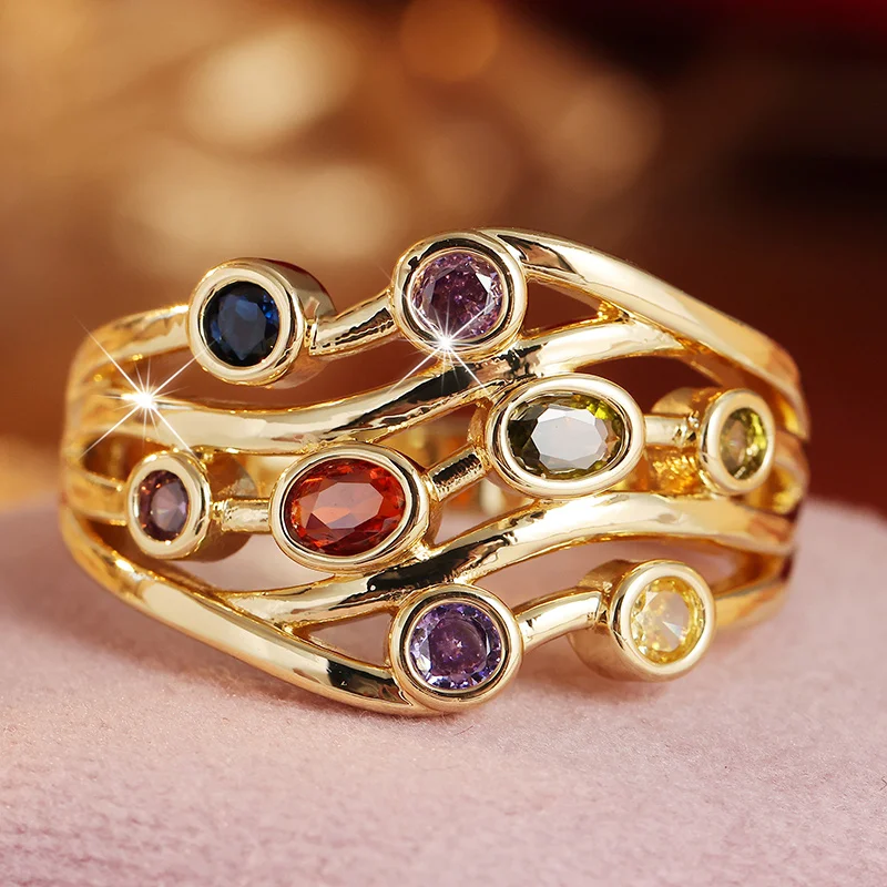 Ladies' Exquisite Luxury Wide Face Ring Wave Staggered Hollow Inlay Colorful Synthetic Zircon Ring Gorgeous Trend Jewelry