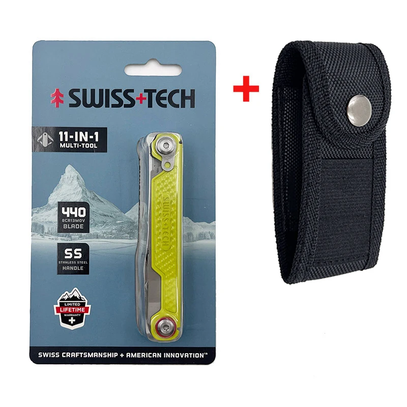 SWISS TECH Mini Herramienta Multiusos 11 en 1, Navaja Plegable EDC, Herramientas de Supervivencia para Acampar al Aire Libre, Tijeras, Destornillador, Herramienta Multiusos con Clip