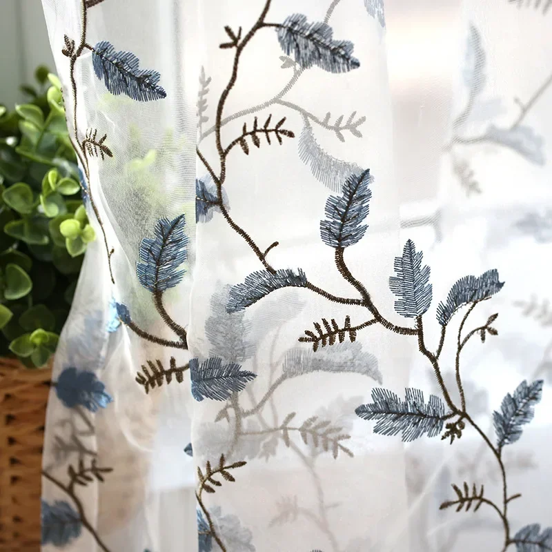 Blue Leaves Sheer For Kitchen Panel Coffee Luxury American Pastoral Embroidered Tulle Voile Curtain for Living Room WP203#30