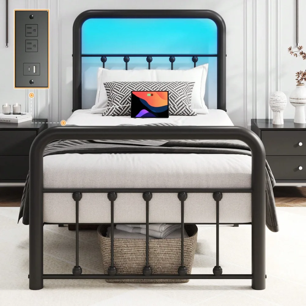 Base de Cama Clásica de Metal con Plataforma y Cabecera/Pie de Cama de Hierro Forjado Estilo Victoriano