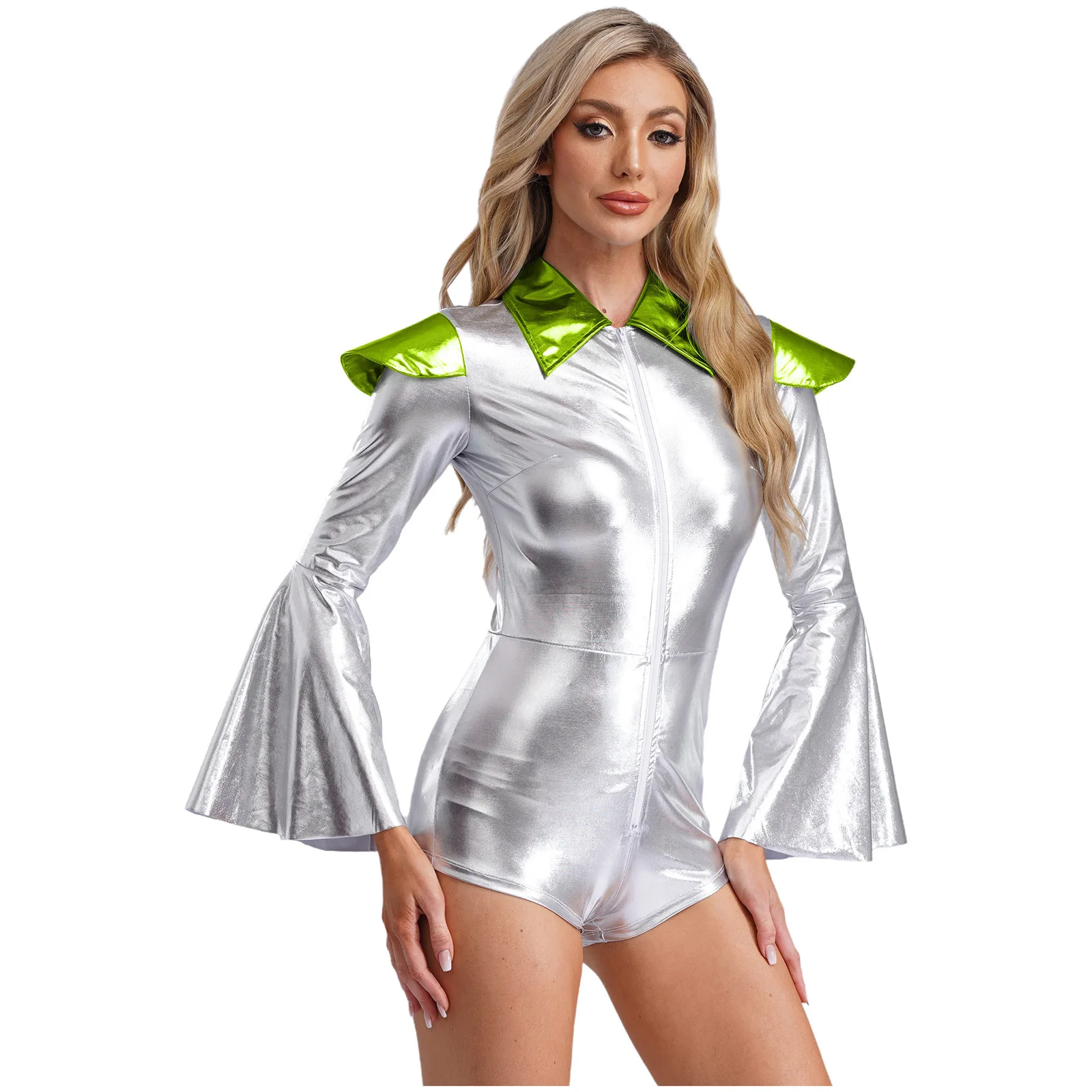 

Shiny Alien Role Play Bodysuit Womens Metallic Long Flared Sleeve Cap Shoulder Jumpsuit for Party Carnival Halloween Outfits