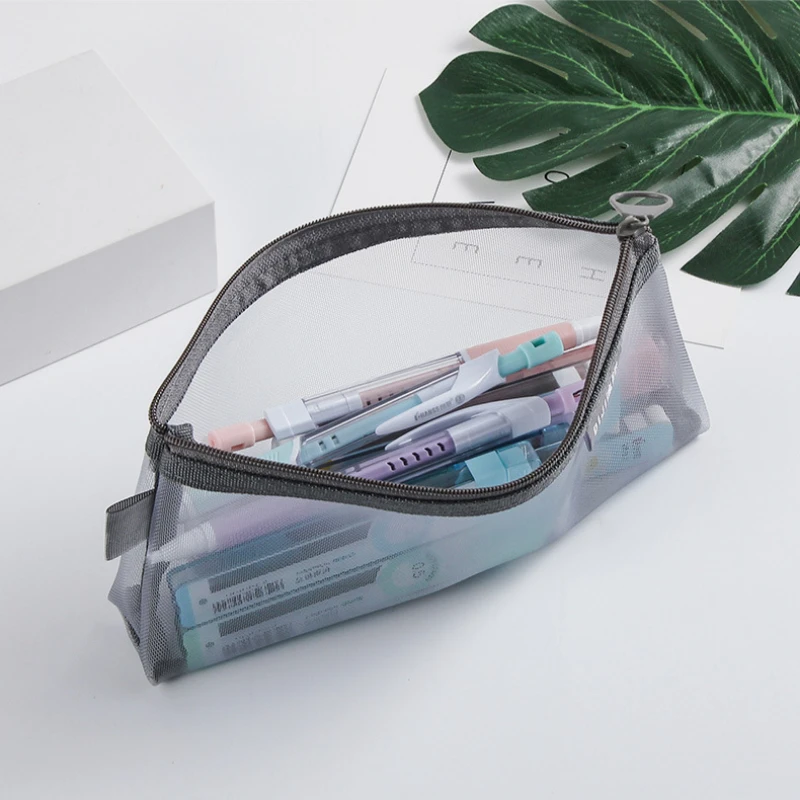 Singple Gray Black Makeup Case Large Capacity Mash Transparent Cosmetic Brush Bags Students Three-dimensional Nylon Pencil Case