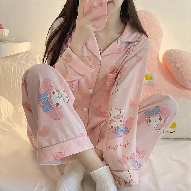 Sweet Cute My Melody Pajamas Women 2024 New Spring Autumn Long Sleeve Cartoon Sanrioed Student Home Clothes Outer Wear Girls