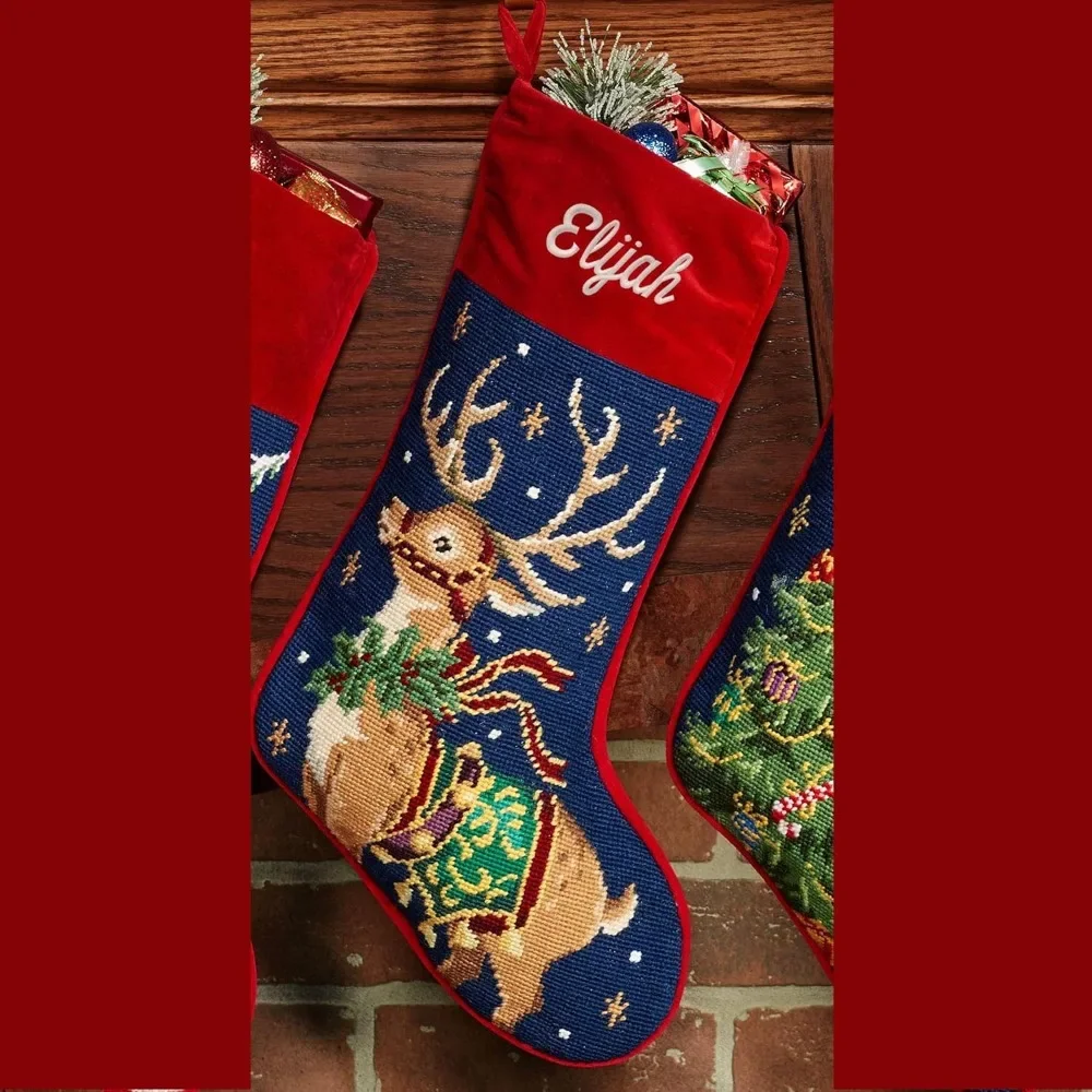 

Reindeer Deer Needlepoint Christmas Stocking - Wool, 11 x 18 Inches