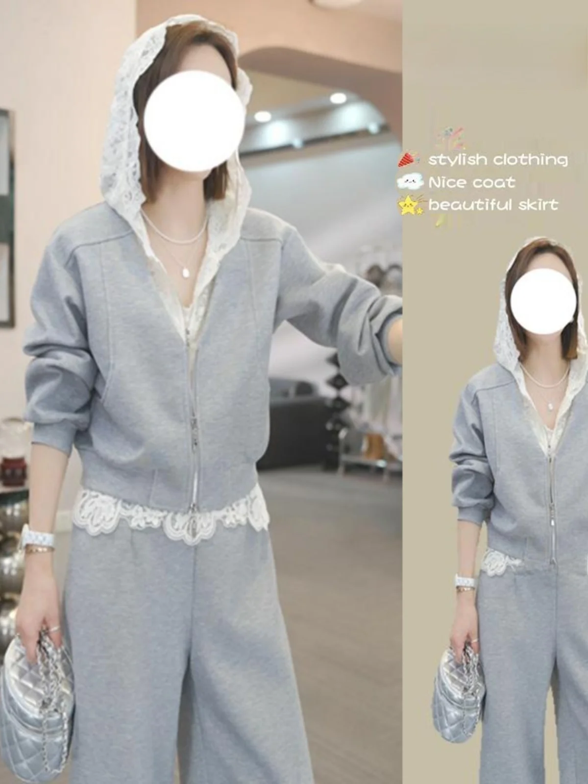 

Комплект повседневной спортивной одежды с кружевными вставками: модная женская толстовка с длинным рукавом и широкие брюки, новый весенний стиль