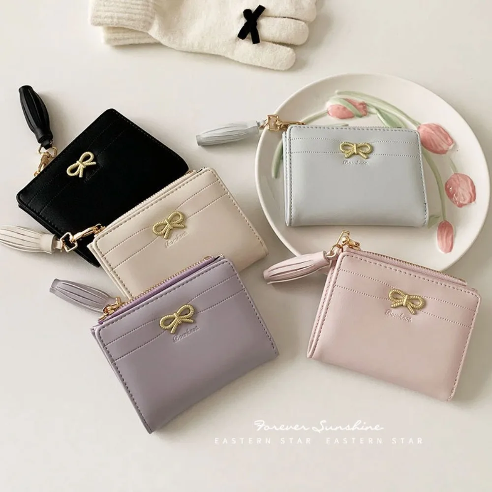 

Women Cute Bow Mini Wallets Card Holder Zipper Two Fold Purse Portable Women Student Coin Purse PU Leather Coin Pouch
