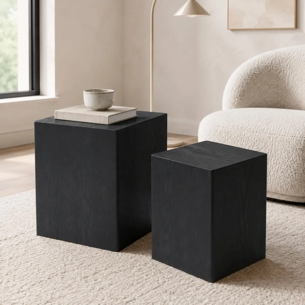 Nesting Coffee Table Set of 2 Black End Table Small Space Modern Side Table Living Room Bedroom Wood Grain, Customized