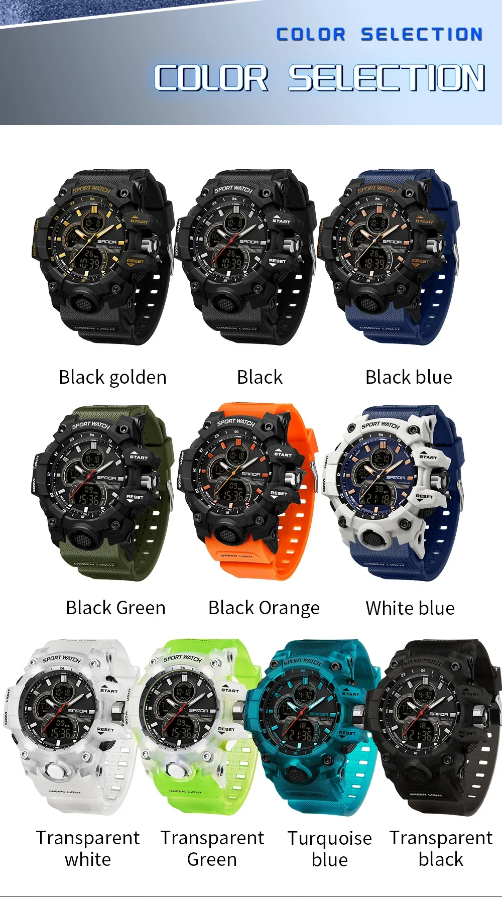 SANDA 6198 Watch Fashion Trend Dual Screen Multi functional Outdoor Sports Multi functional Waterproof Electronic Men\'s Watch