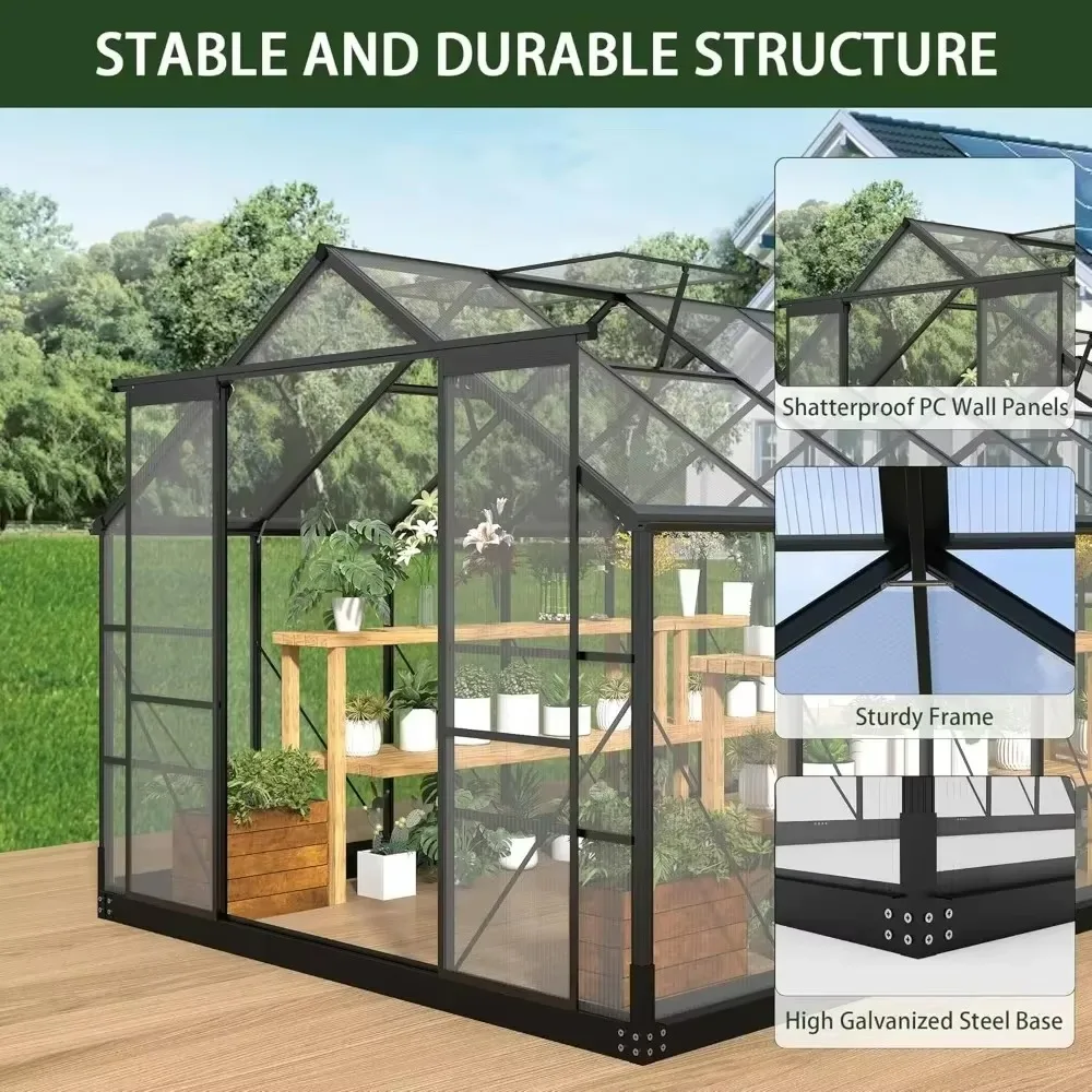 8x14 FT Green Houses for Outside with 4 Adjustable Roof Vents, Walk-in Aluminum Frame Greenhouse with Sliding Doors for Backyard