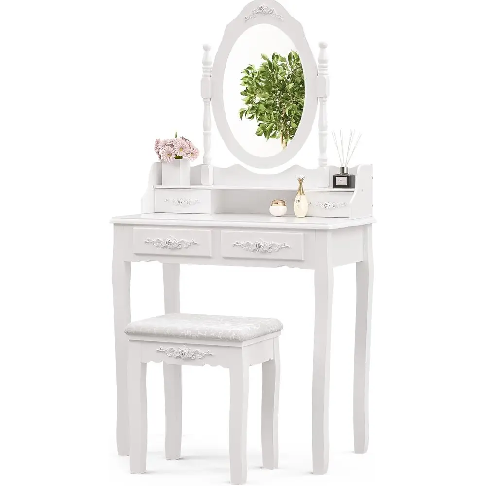 Compact White Makeup Vanity Set with Mirror, Stool, and Chair