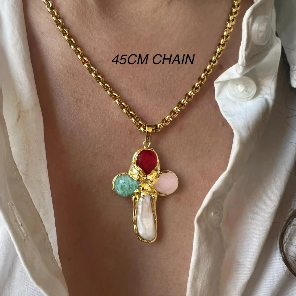 

Cross shaped drop oil colored pendant necklace, showcasing ins style personality, fashionable charm, jewelry gold-plated