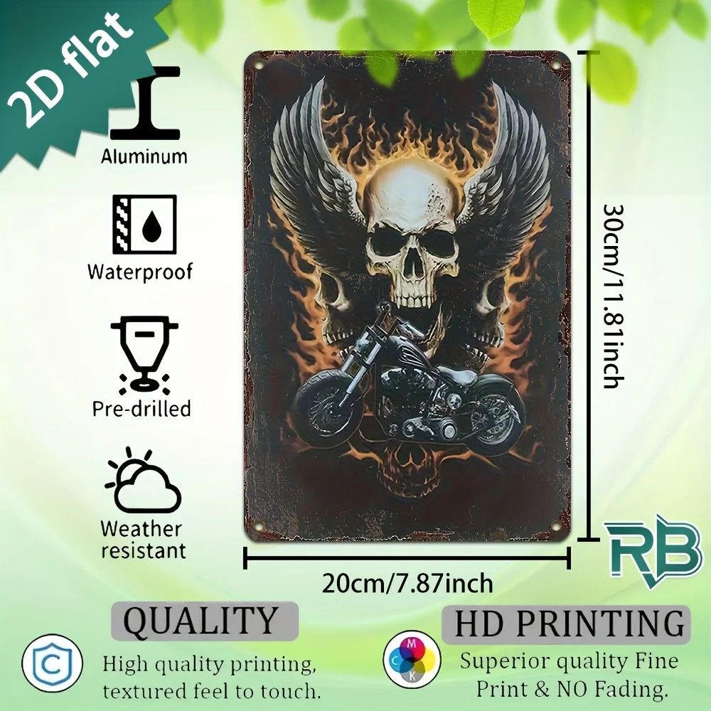 New Trendy HD Metal Wall Art - Biker Vintage Retro Grunge Poster Flaming Skull with Wings and Motorcycle 2D Flat Design Dark Got