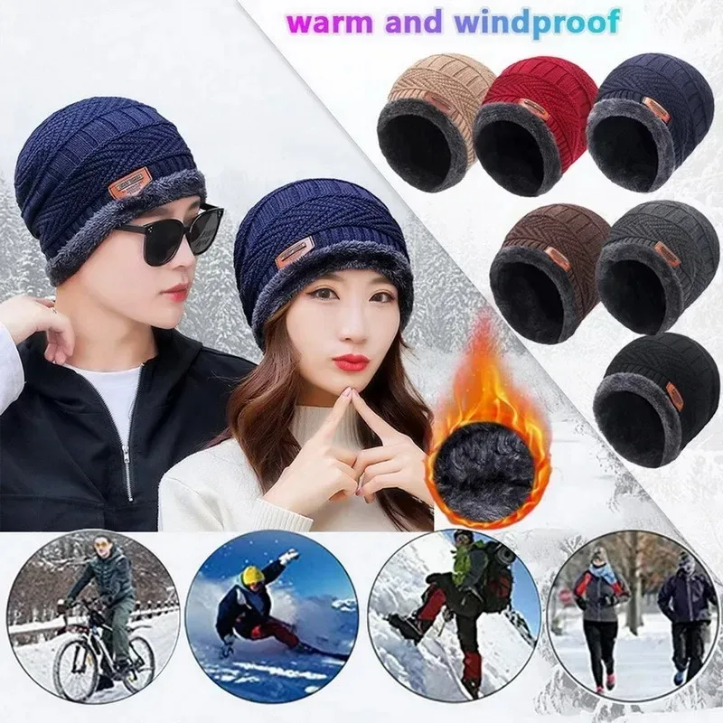 New Winter Knit Cap Men and Women Outdoor Warm Thickening Plus Velvet Loose Winter Hat with Scarf Winter Ski Mask Hat Articles