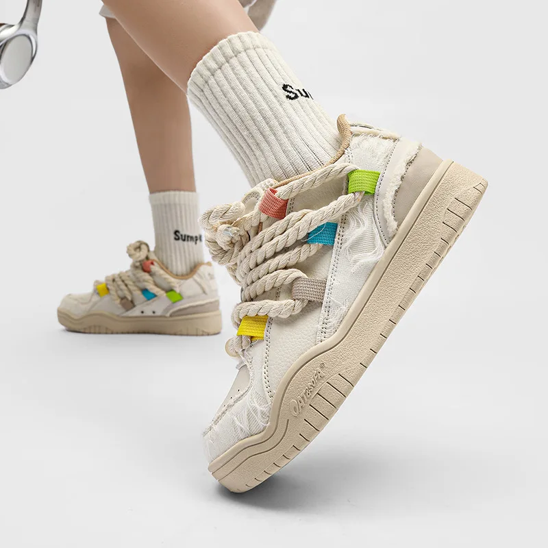 

High Quality Men's Women's Lace Up Skate Shoes 2026 Thick Rope Laces Distressed Canvas Sneakers Casual Streetwear Platform Shoes