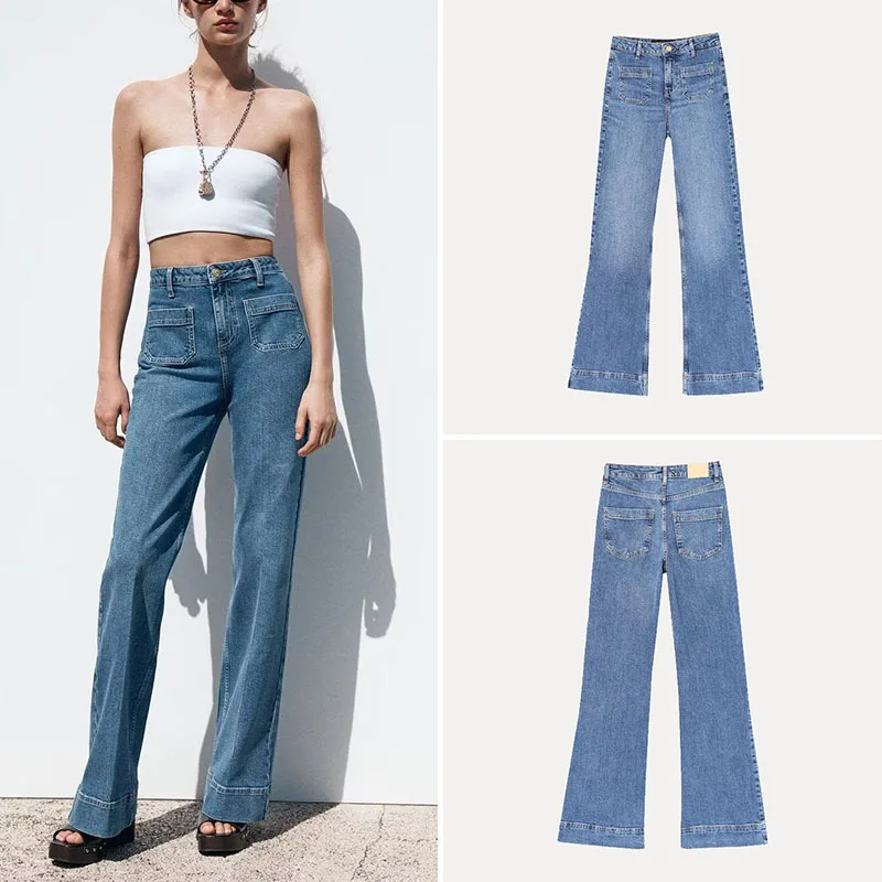 

Spring 2025 High Waist Straight Leg Casual Denim Jeans Women's Faion Patch ket Decorated Denim Pants Long Trousers