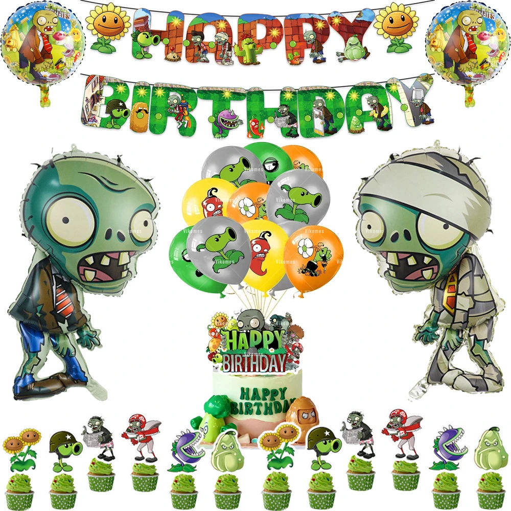 Juego de globos de látex de aluminio Plants vs. Zombies, juego de Decoración de Pastel PVZ, suministros de fiesta, pancarta de feliz cumpleaños, juguetes para niños