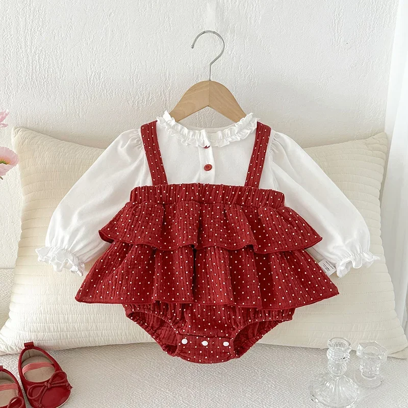 

2026 New Spring Newborn Baby Girls Bodysuits Long Sleeved Cotton Splicing Infant Baby Girls Jumpsuit 0-24M Baby Girl Clothing
